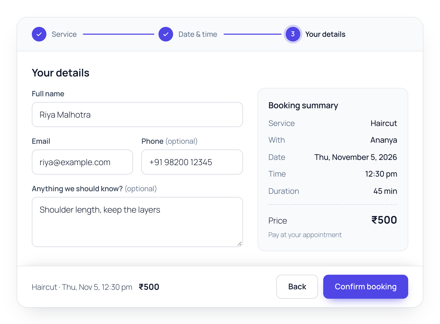 Client details with booking summary